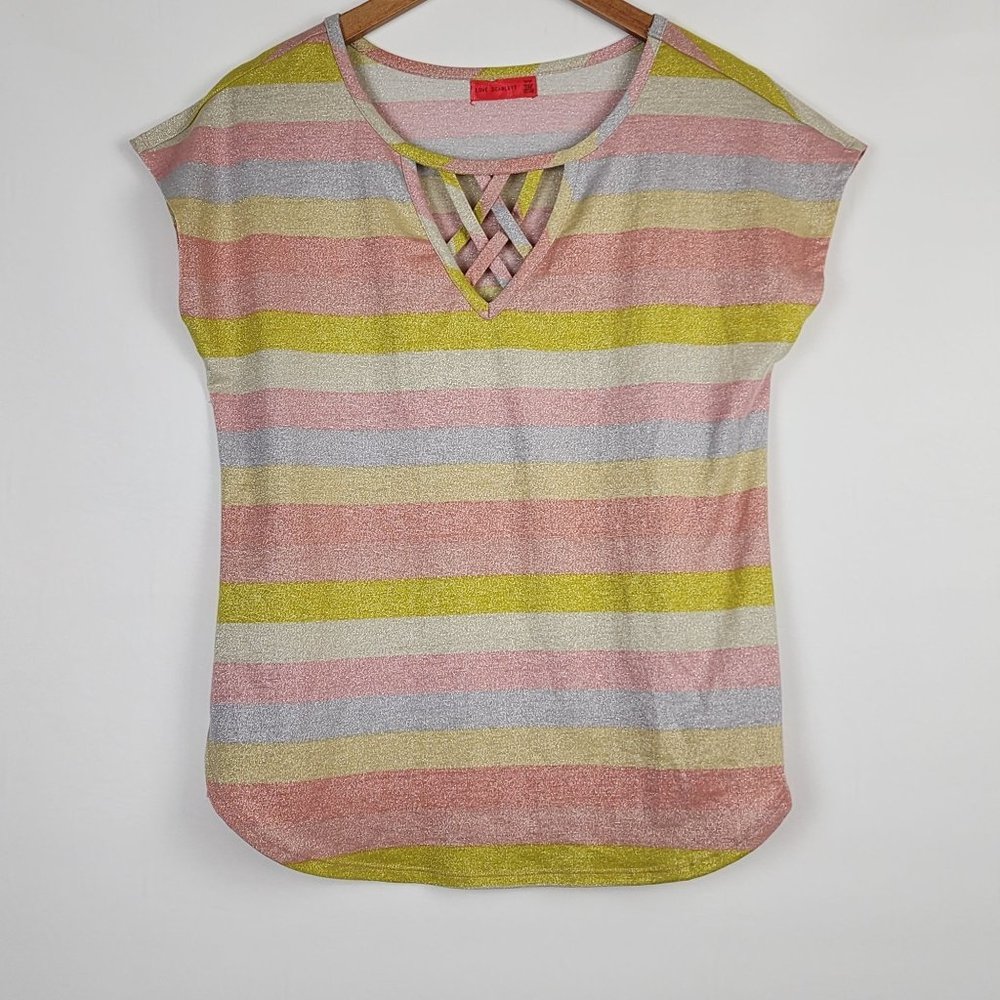 Love Scarlett Metallic Striped Short Sleeve Blouse Top Size Sparkly Pink Medium